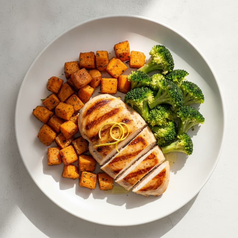 Grilled Chicken Breast with Roasted Sweet Potatoes and Steamed Broccoli