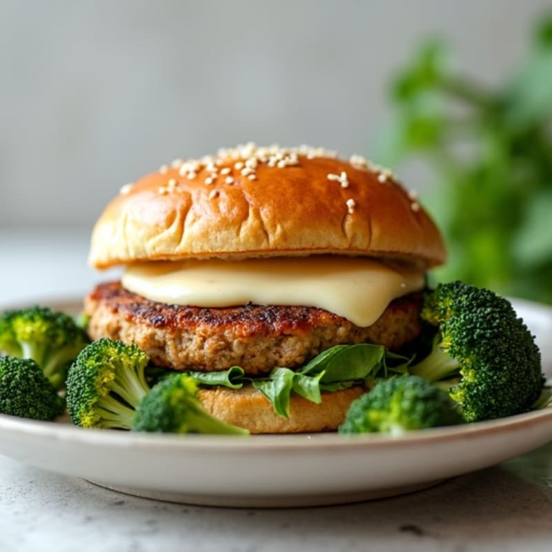 Lean Mozzarella-Stuffed Turkey Burger with Crispy Roasted Broccoli