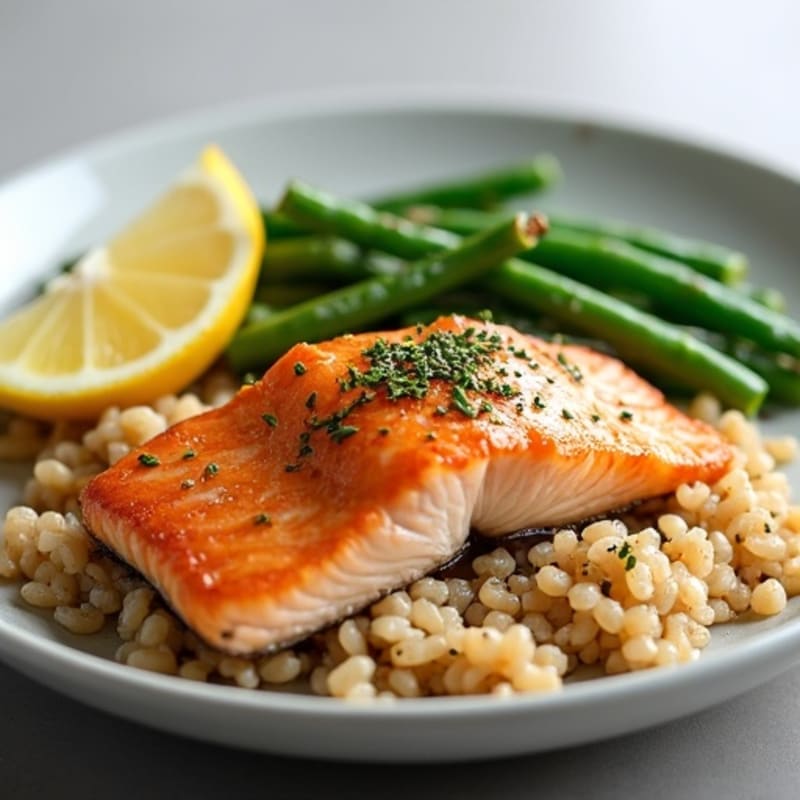 Seared Salmon Fillet with Garlic Green Beans and Brown Rice