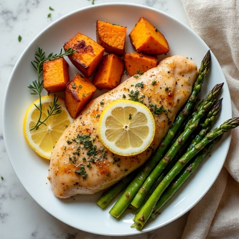 Sheet Pan Lemon Herb Chicken with Roasted Asparagus and Sweet Potatoes