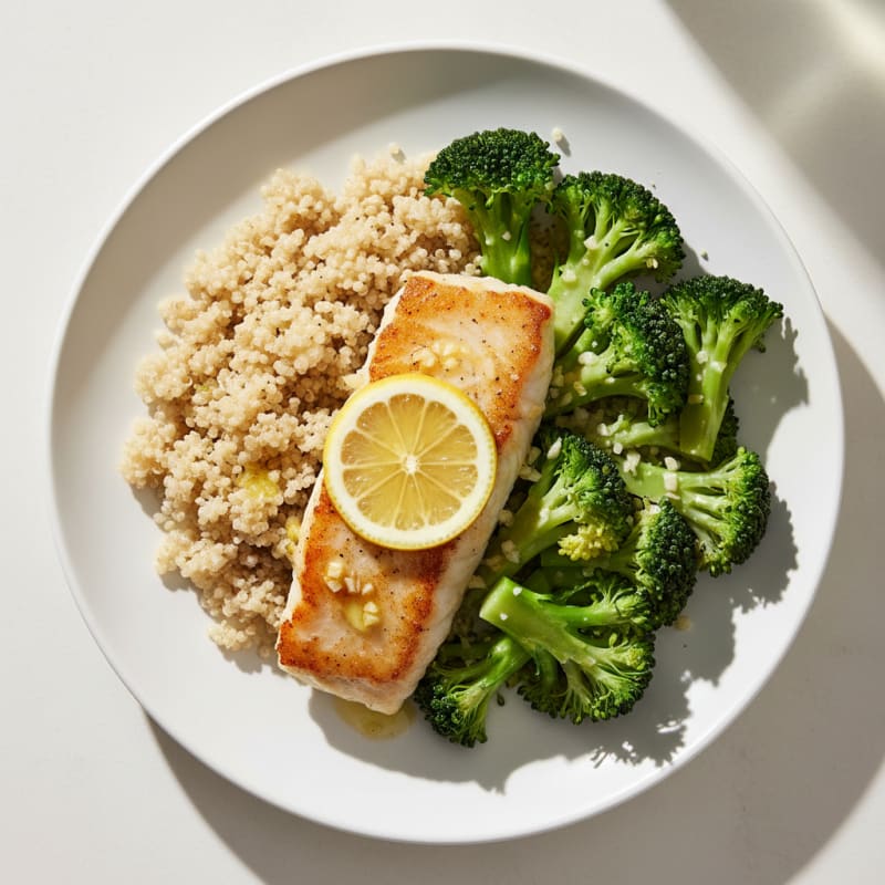 Seared Cod with Steamed Broccoli and Quinoa