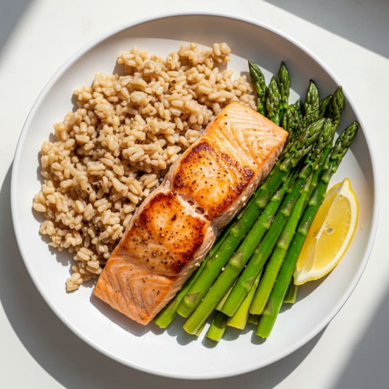 Seared Salmon with Steamed Asparagus and Brown Rice