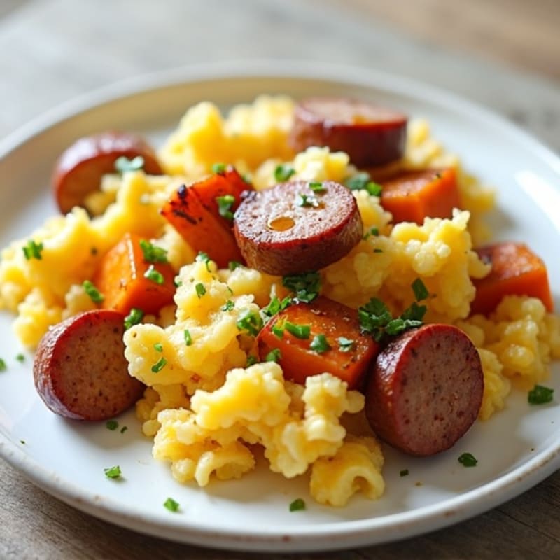Egg White Scramble with Turkey Sausage and Roasted Sweet Potatoes