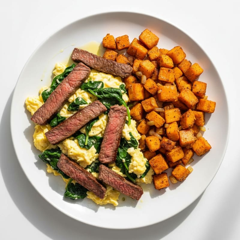 Steak and Spinach Egg Scramble with Sweet Potato Hash