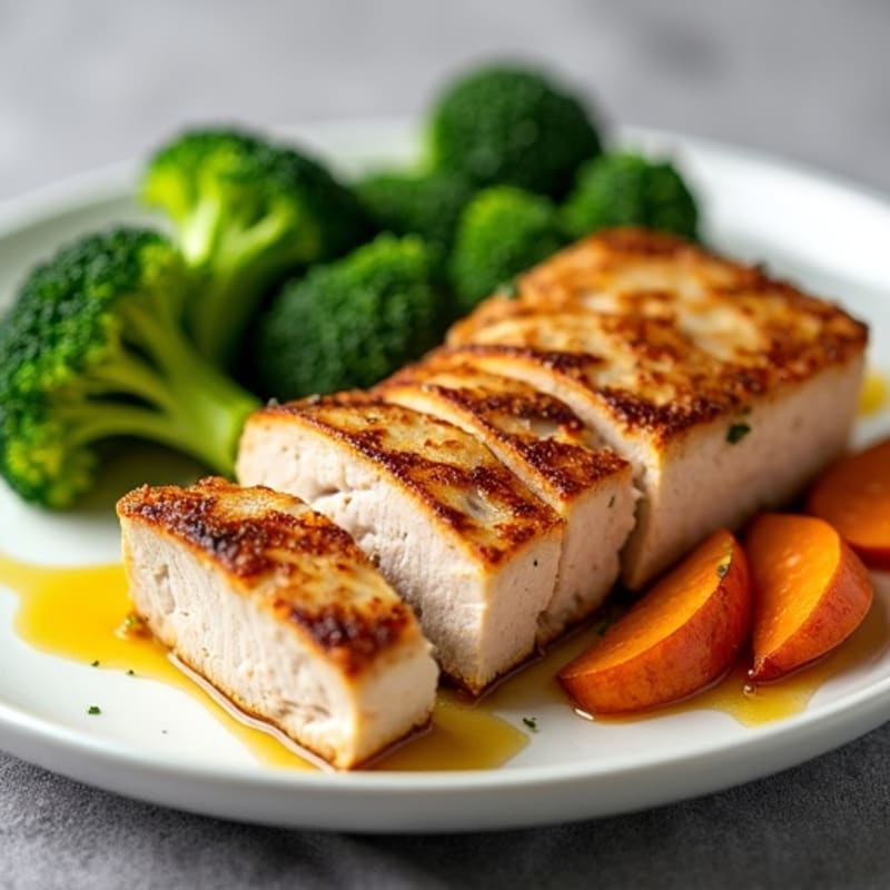 Seared Turkey Breast with Roasted Sweet Potatoes, Steamed Broccoli & Apple Olive Drizzle