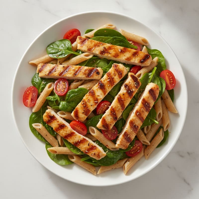 Grilled Chicken Pasta Salad with Fresh Spinach and Cherry Tomatoes