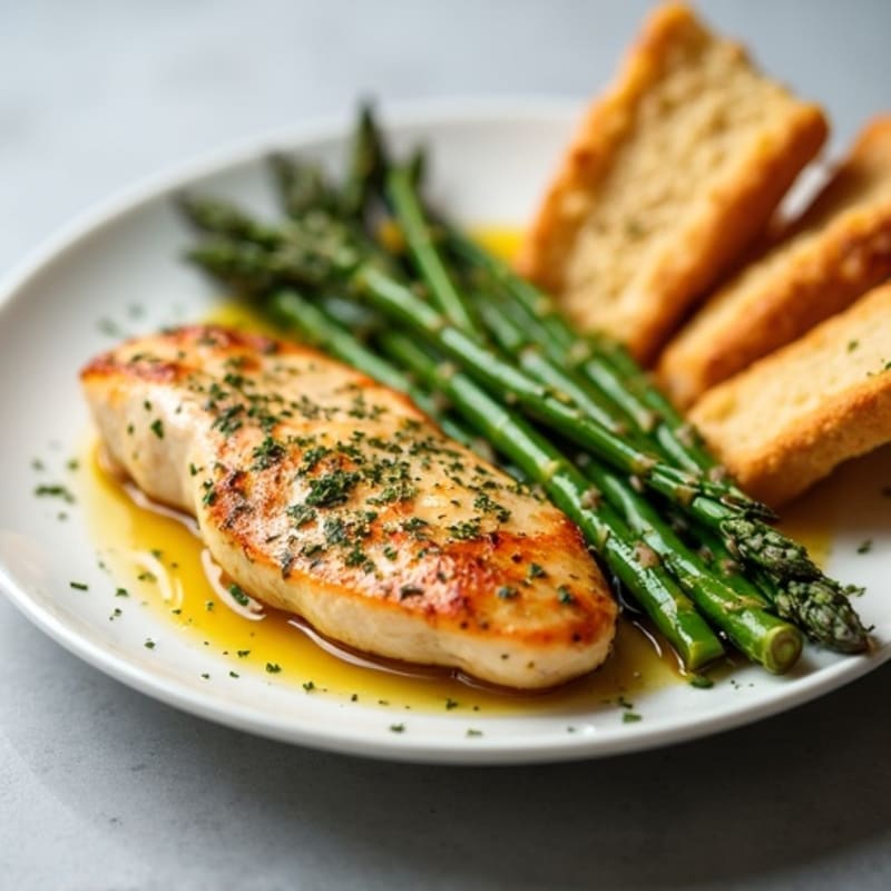 Garlic Herb Chicken with Roasted Asparagus and Crispy Whole Wheat Garlic Breadsticks