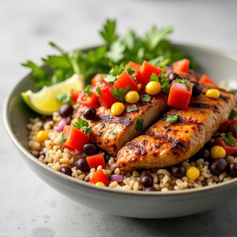 Grilled Chipotle Chicken Rice Bowl with Fresh Black Bean and Corn Salsa