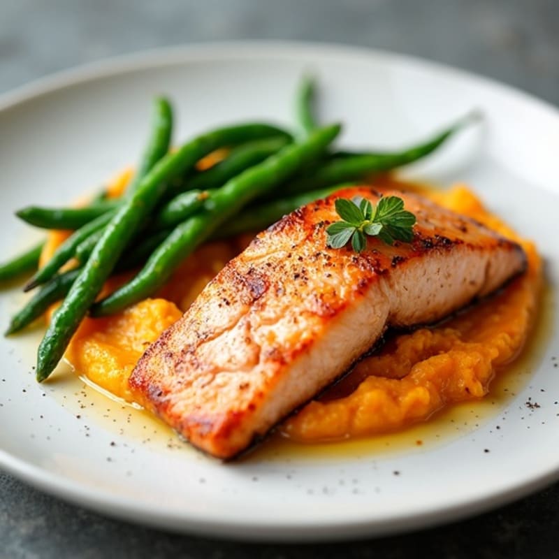 Seared Salmon with Garlic Green Beans and Sweet Potato Mash