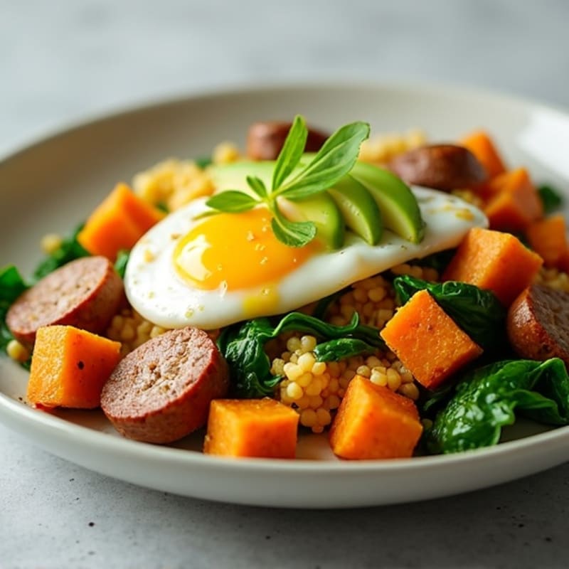 Egg White and Turkey Sausage Scramble with Spinach and Sweet Potato