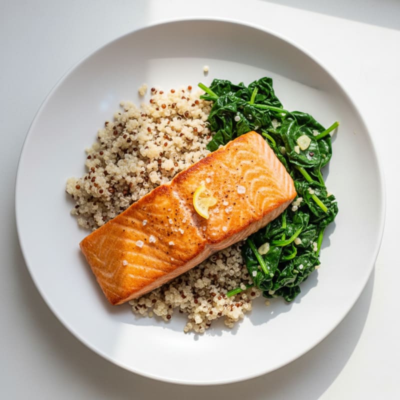 Seared Salmon Fillet with Garlic Sautéed Spinach and Quinoa