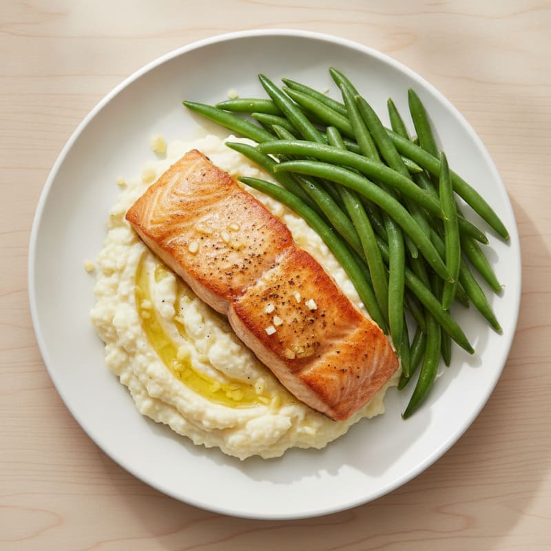 Seared Salmon with Steamed Green Beans and Garlic Mashed Cauliflower