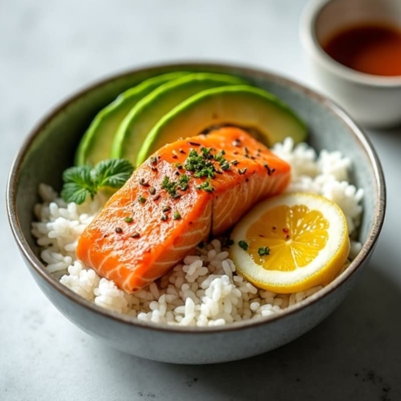 Fresh Salmon and Avocado Rice Bowl with Sesame-Ginger Dressing