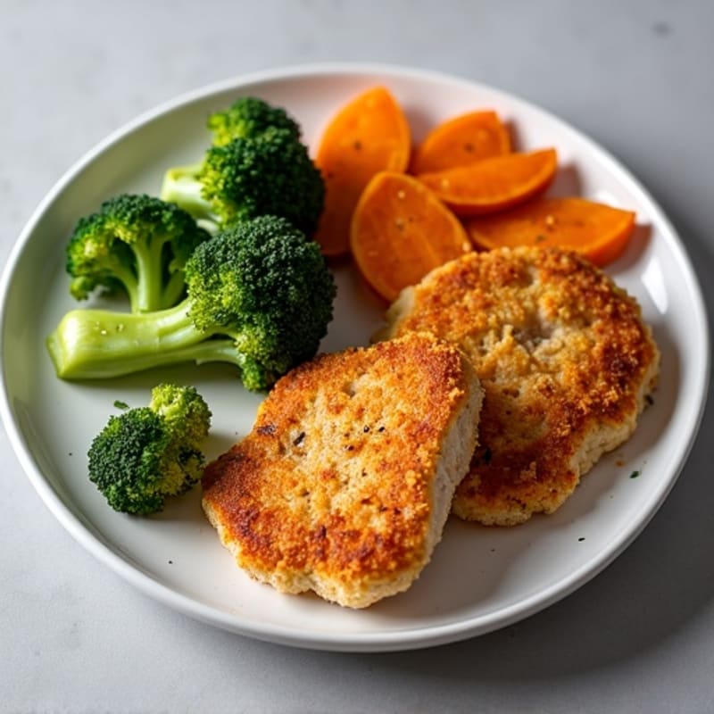 Crispy Baked Chicken Cutlets with Roasted Broccoli and Sweet Potato