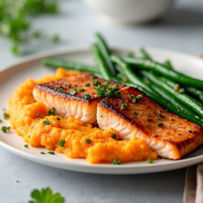 Seared Salmon Fillet with Garlic Green Beans and Sweet Potato Mash