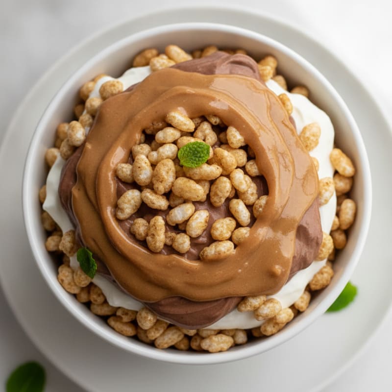 Chocolate Protein Yogurt Parfait with Crispy Rice and Peanut Butter