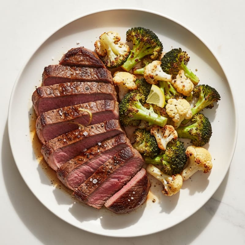 Seared Steak with Roasted Broccoli and Cauliflower