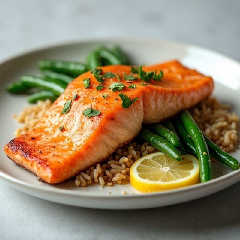 Seared Salmon with Garlic Green Beans and Brown Rice