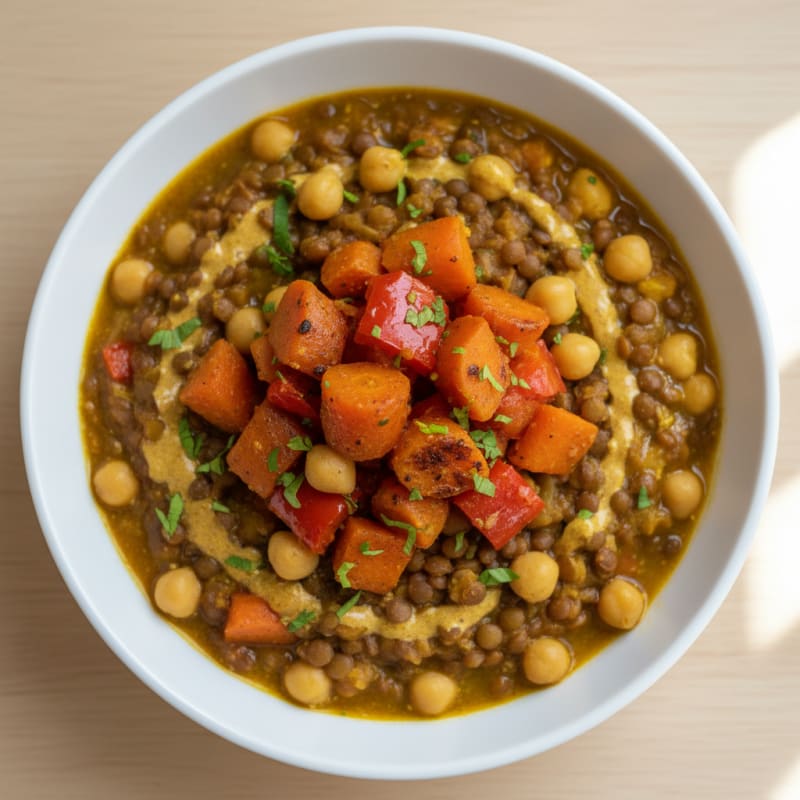 Lentil and Chickpea Stew with Roasted Vegetables