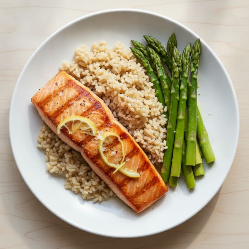 Seared Salmon with Steamed Asparagus and Brown Rice