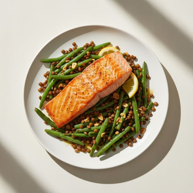Seared Salmon with Garlicky Green Beans and Lentils