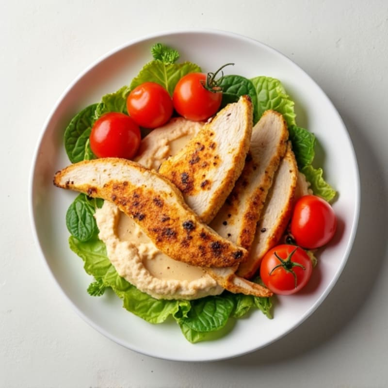 Chicken Breast Slices with Hummus and Cherry Tomatoes