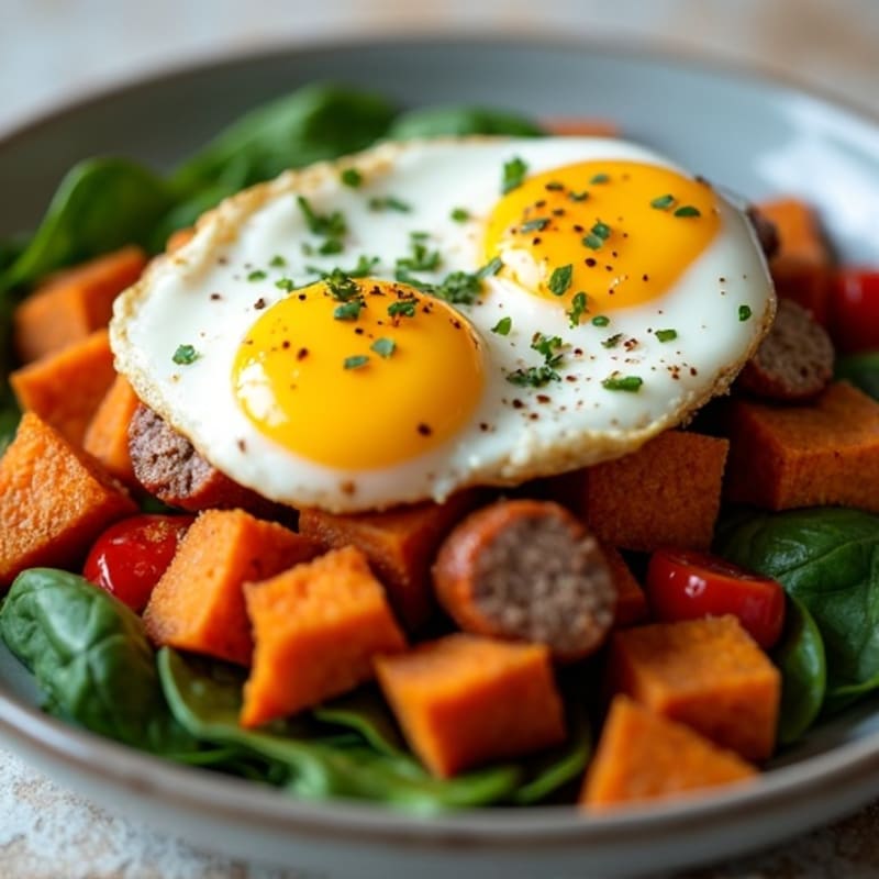 Crispy Sweet Potato Hash with Poached Eggs and Fresh Greens