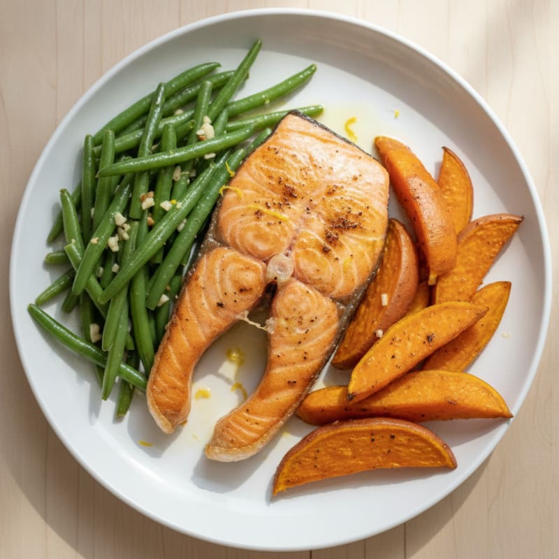 Seared Salmon Fillet with Garlic Green Beans and Roasted Sweet Potatoes