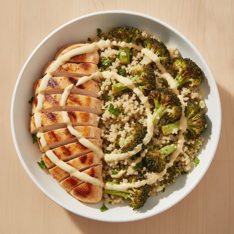 Grilled Chicken Quinoa Bowl with Roasted Broccoli and Lemon Tahini Drizzle