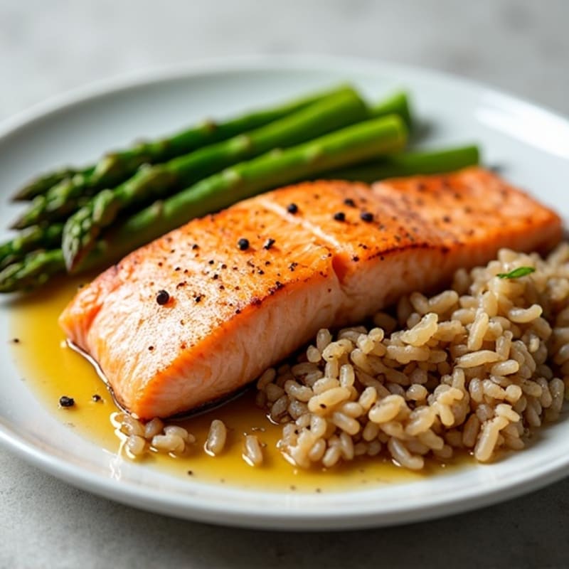 Seared Salmon Fillet with Steamed Asparagus and Brown Rice