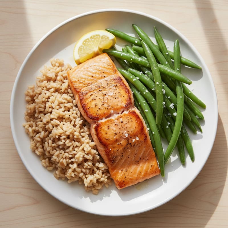 Seared Salmon Filet with Steamed Green Beans and Brown Rice