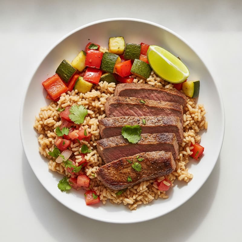 Seared Steak with Roasted Vegetables and Salsa Rice