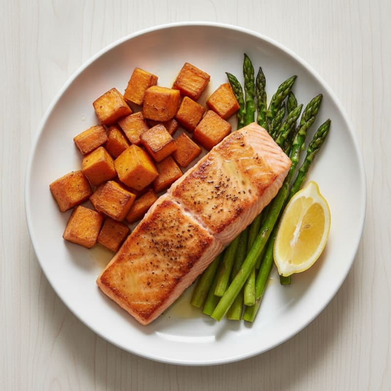 Seared Salmon with Roasted Sweet Potatoes and Asparagus