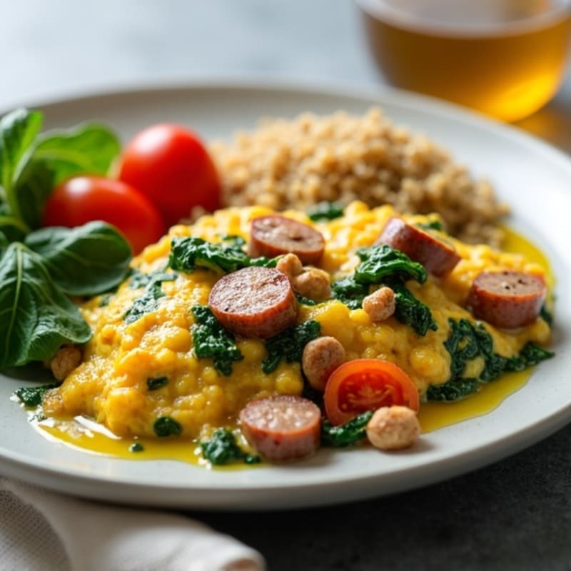 Egg White and Turkey Sausage Scramble with Spinach, Tomatoes, and Quinoa