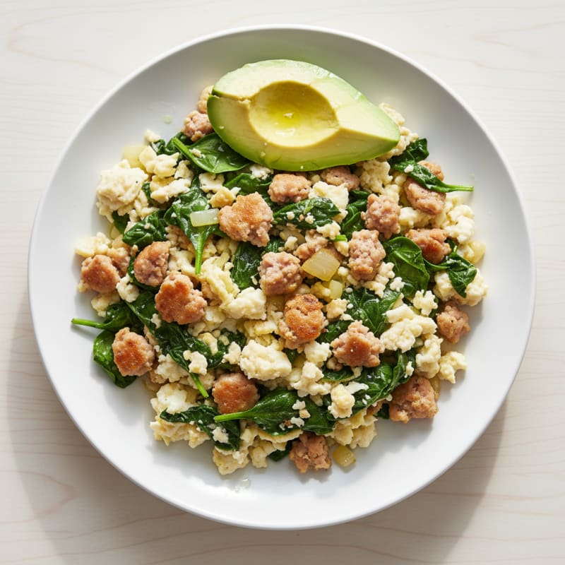 Egg White Scramble with Turkey Sausage and Sautéed Spinach