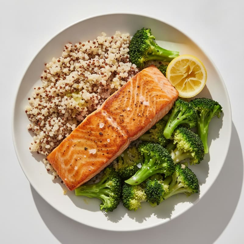 Seared Salmon with Quinoa and Steamed Broccoli