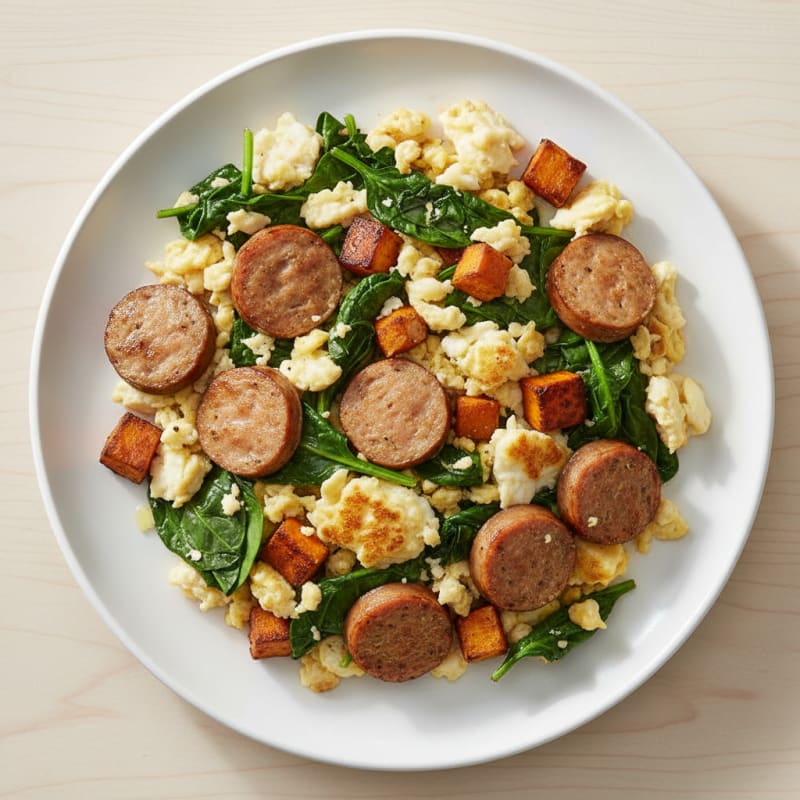 Egg White and Turkey Sausage Scramble with Sautéed Spinach