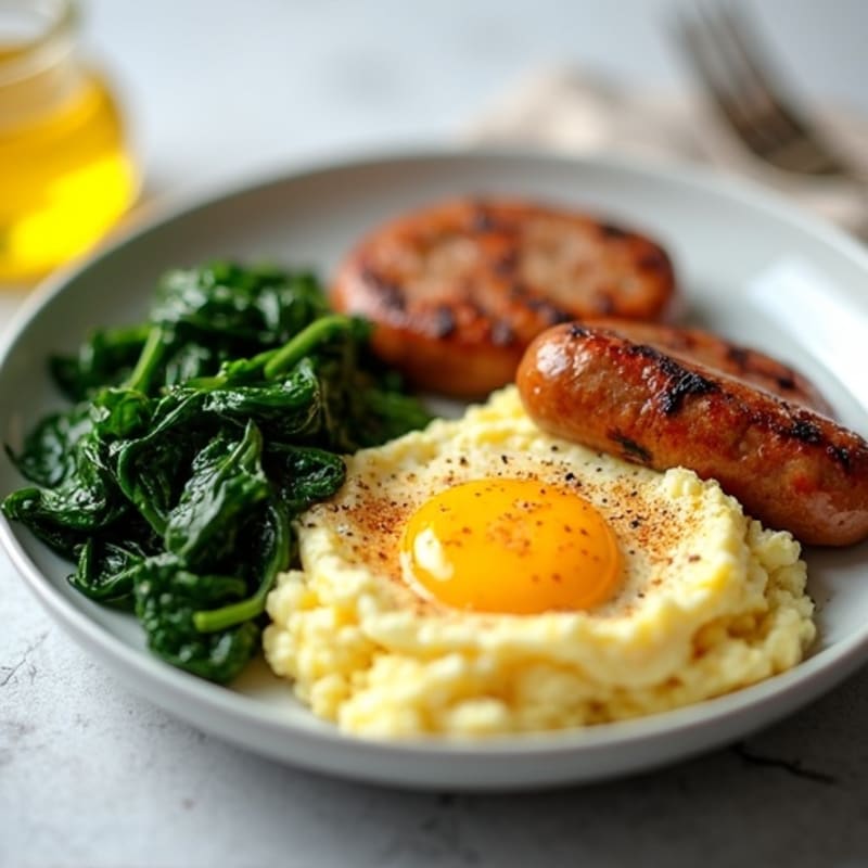 Egg White Scramble with Grilled Turkey Sausage and Sautéed Spinach
