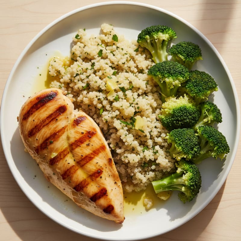 Grilled Chicken Breast with Steamed Broccoli and Quinoa