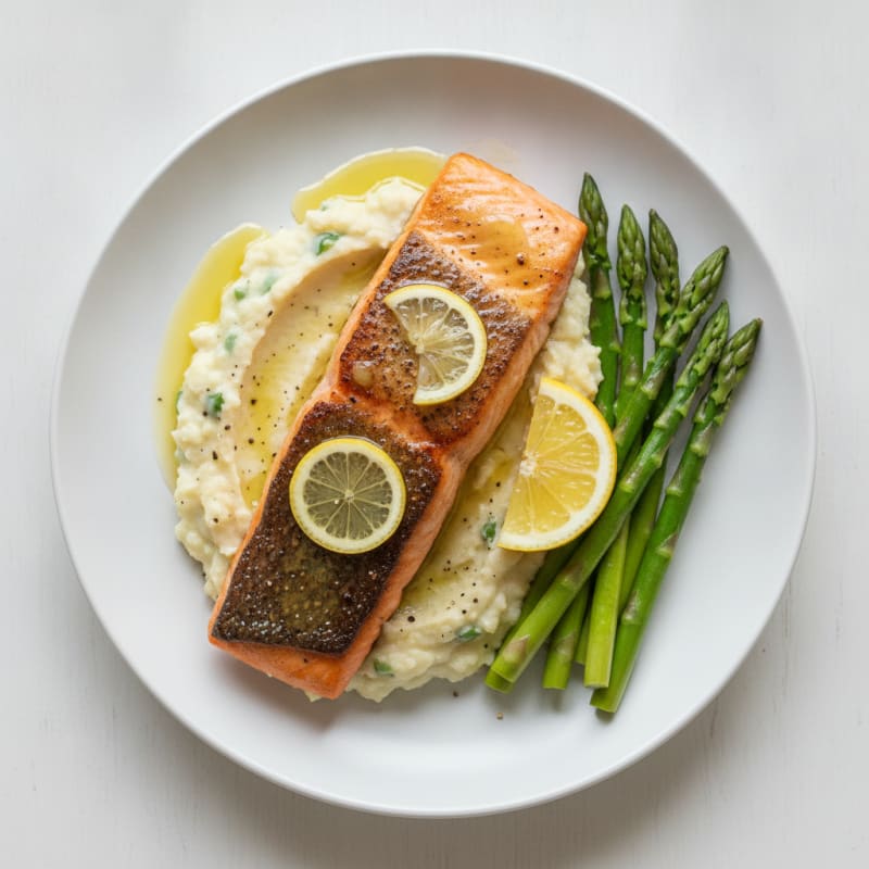 Seared Salmon Fillet with Steamed Asparagus and Cauliflower Mash
