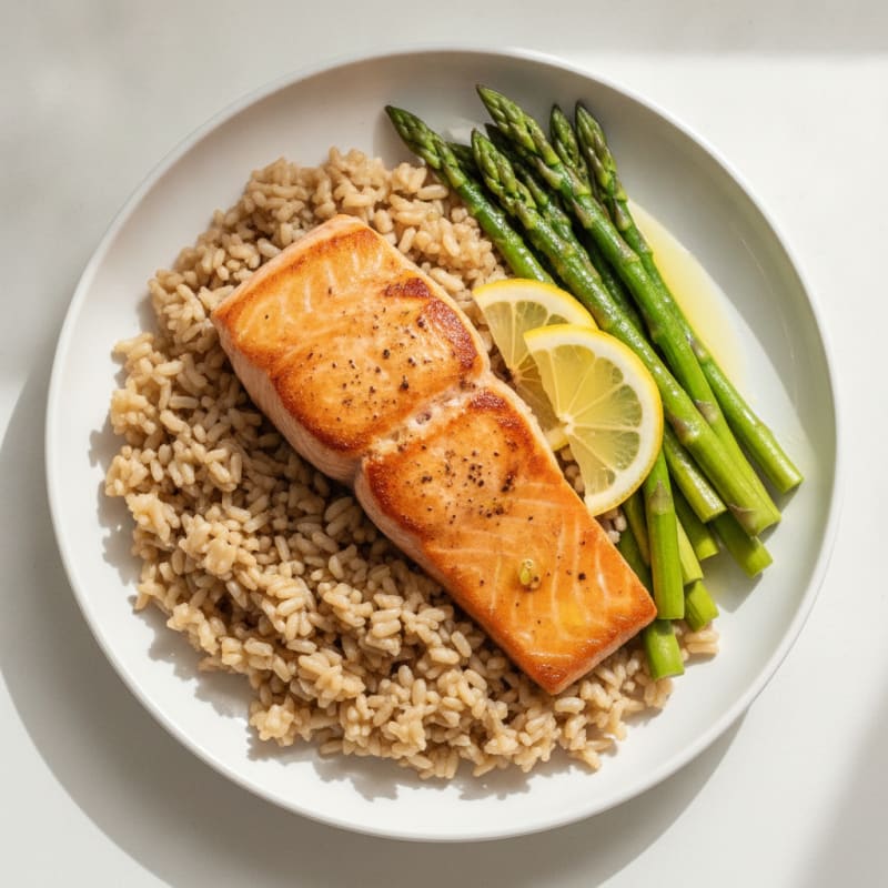Seared Salmon with Steamed Asparagus and Brown Rice