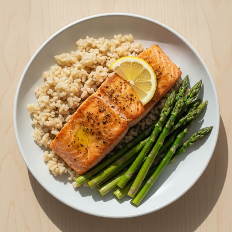 Seared Salmon Fillet with Brown Rice and Steamed Asparagus