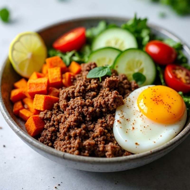 Spiced Ground Beef Bowl with Roasted Sweet Potato and Fresh Garden Salad