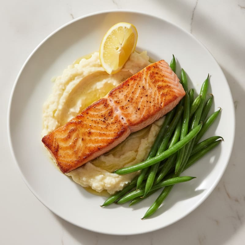 Seared Salmon with Steamed Green Beans and Garlic Cauliflower Mash