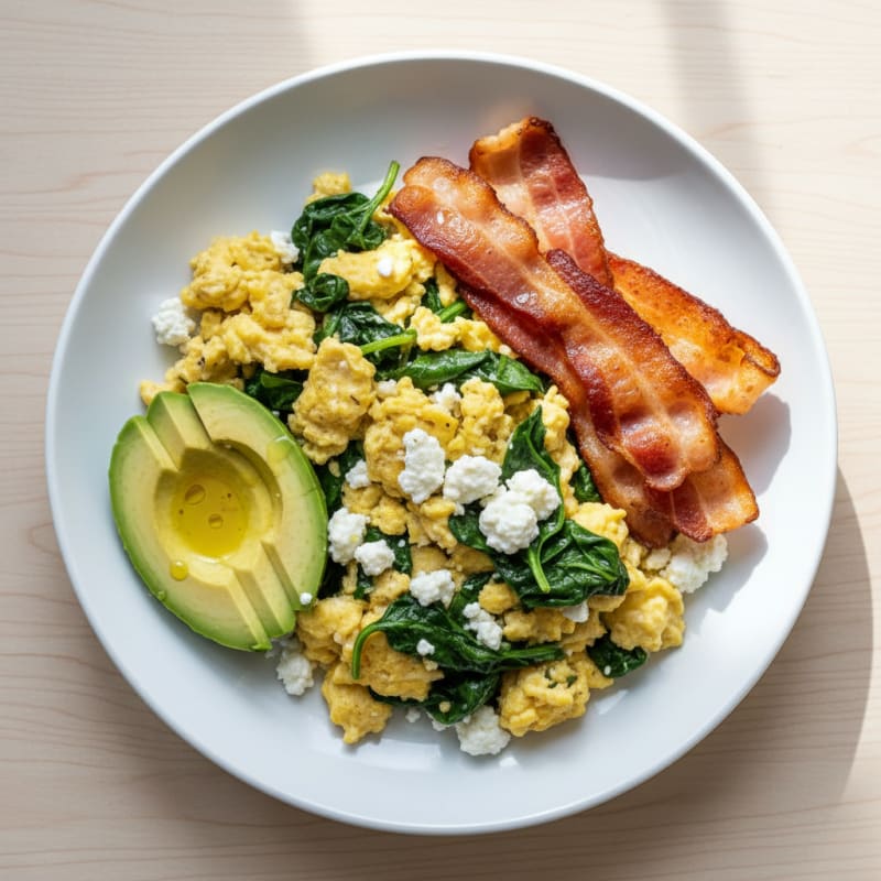 Cottage Cheese Scramble with Spinach and Turkey Bacon