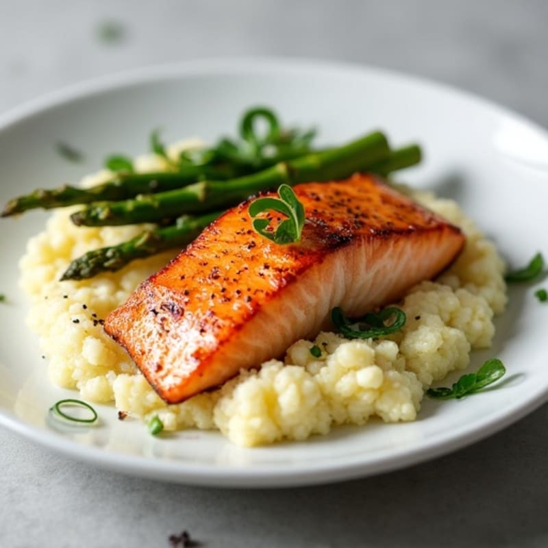 Seared Salmon with Steamed Asparagus and Cauliflower Mash