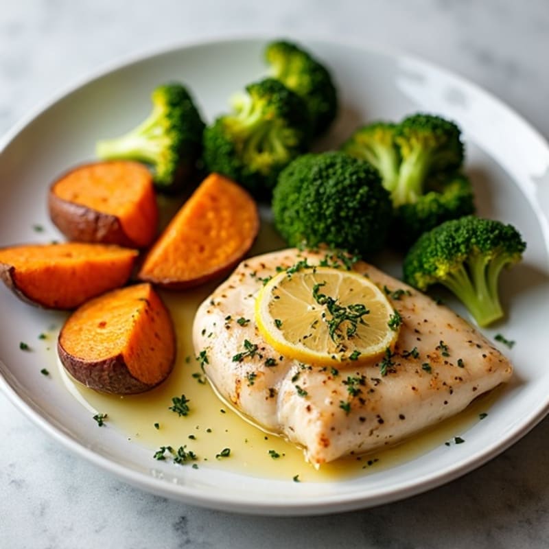 Lemon Herb Chicken with Roasted Sweet Potatoes and Broccoli
