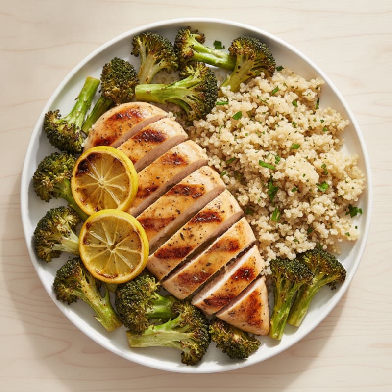 Grilled Chicken Breast with Roasted Broccoli and Quinoa