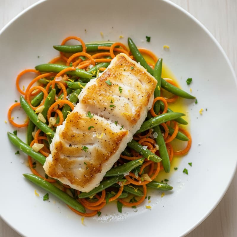 Pan-Seared Cod with Lemon-Herb Green Beans and Carrots