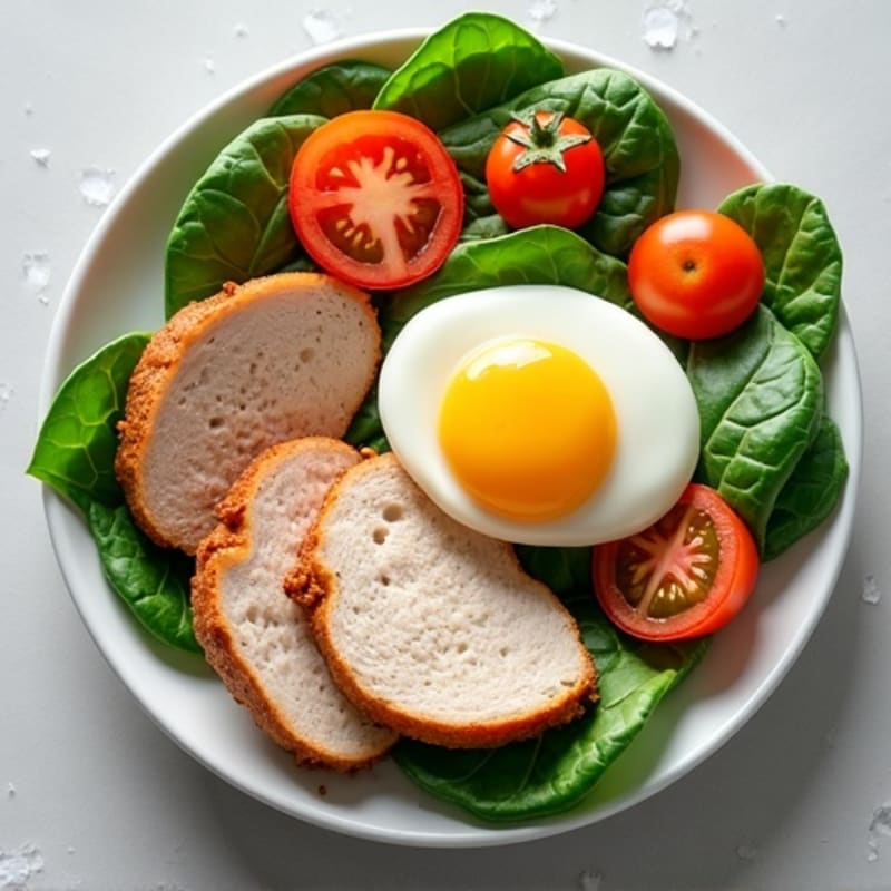 Turkey and Boiled Egg Protein Plate with Fresh Spinach, Tomato, and Light Mozzarella